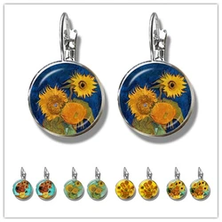 Retro Van Gogh Art Starry Night Sunflower Stud Earrings 16mm Glass Cabochon Dome Silver-plated Earrings Jewelry For Women Girls