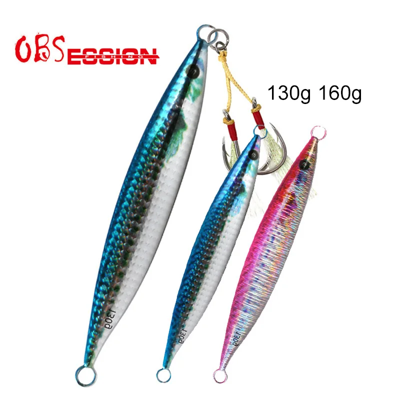 OBSESSION 130g 160g Flat Fish Lure Jig Slow Sinking With Luminous Twin Assist Hooks Saltwater Deepsea Fishing Tackle Pesca Isca