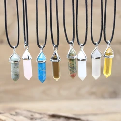 Healing Crystal Natural Hexagonal Bullet Pendants Necklace,Reiki Chakra Gmes Quartz Lapis Amethysts Charms Women Jewelry,QC3200