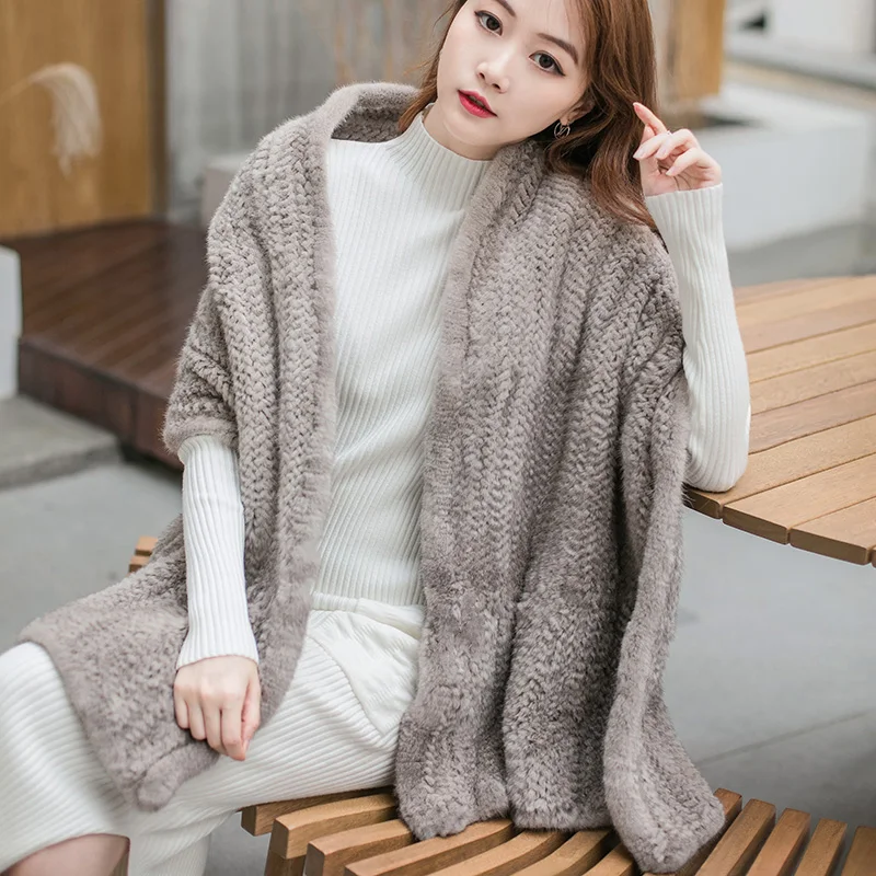 Besfilin Genuine  Mink Furs Big Shawl for Women, High-grade Knitted Scarf, Hand Woven, Versatile Keep Warm, Winter and Autumn