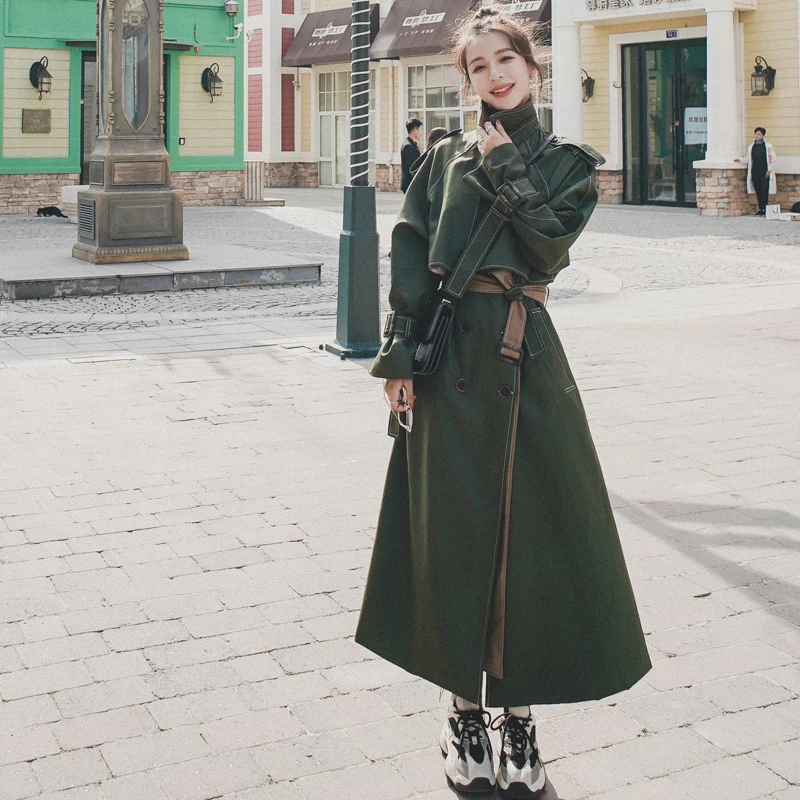 New Fashion Armygreen Fake Two-piece Double breasted Windbreaker Women\'s Clothing 2023 Spring Autumn Long Trench Coats D820