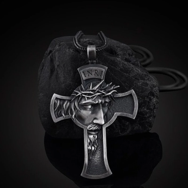 H9EC Kalung Liontin Logam Salib Yesus Kristus Retro Rantai Religius
