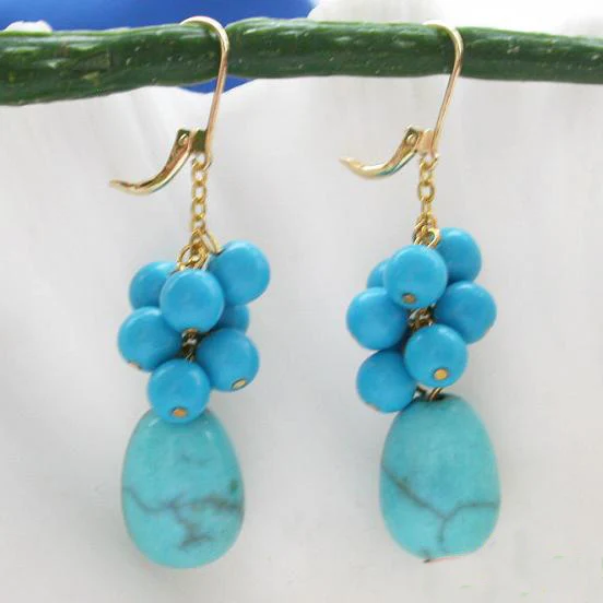 New Favorite Gemstone Earring 16mm Blue Egg Turquoise Beads Grape 14K Gold Dangle Earring Perfect Fine Jewelry Nice Lady Gift