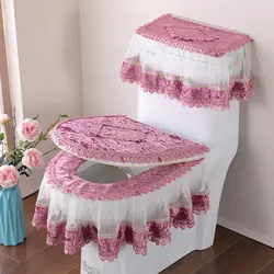 3 Pcs/Set Fabric Lace Toilet Mat Three-Piece Gold Velvet Toilet Seat Cover U-Shaped Zipper Toilet Pedestal Ring Toilet Cover