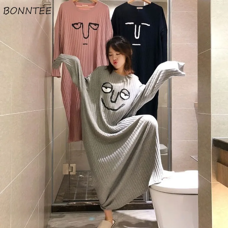 Nightgowns Women Primted Large Size 4XL Autumn Long Sleeve Loose Warm Homewear Pyjama Korean Style Chic Leisure Mid-calf Soft BF