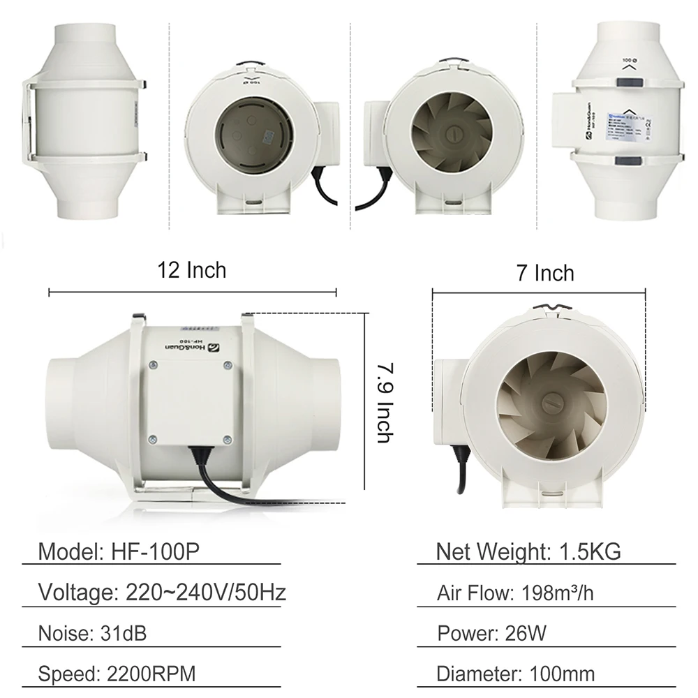 Hon&guan 4'' 220V tichá bezdrátový regulátor inline duct fanoušek smíšené plynout chytrý vzduch extractor pro koupelna kuchyň ventilace