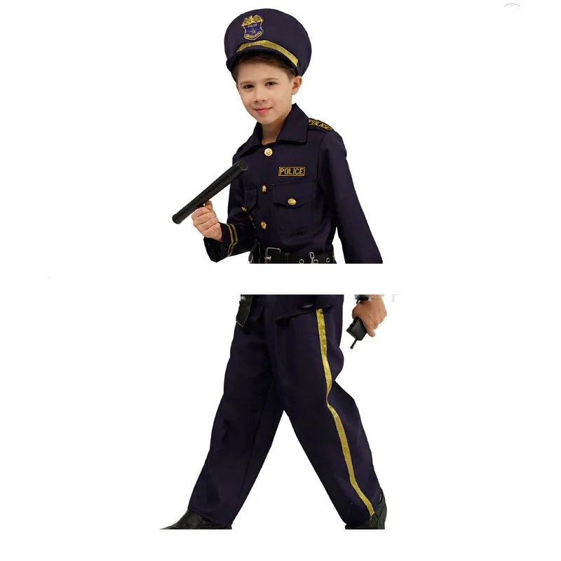 Boys Policeman Cosplay Halloween Costumes Performance Police Outfit Carnival Party Masquerade Kids Police Cloth Set Accessories