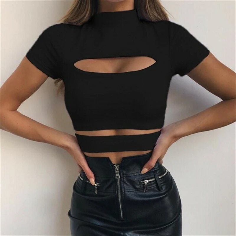 Top corto ahuecado en el pecho para mujer, Tops ajustados, camiseta Sexy, informal, a la moda