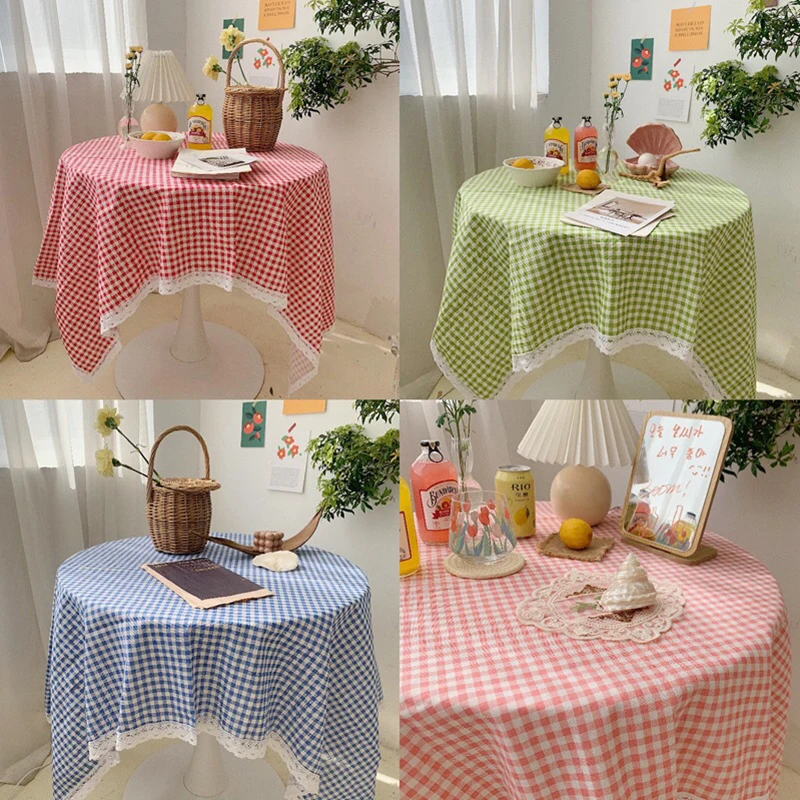 INS Korean Style Hipster Plaid Tablecloth Macarons Color Girl's Heart Lace Side Dining Table Cushion Tea Table Picnic Cloth