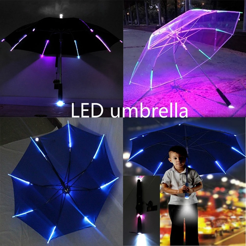 Creative Colorful Flash LED Light Windproof Sun Rain Night Umbrella