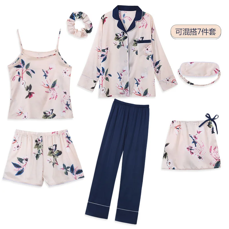 

Sleepwear 7 Pieces Pyjama Set 2023 Women Spring Summer Sexy Silk Pajamas Sets Satin Sleep Suit Sweet Cute Nightwear Home Clothes