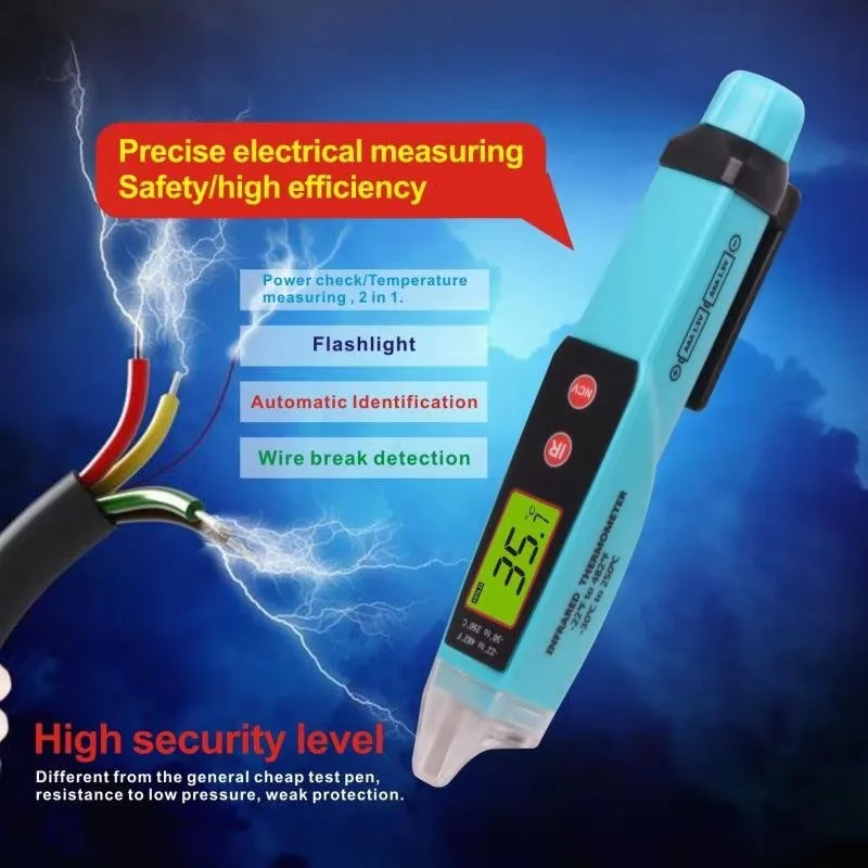 2 in 1 Non-contact AC Voltage Detector Tester Meter Infrared Thermometer Pen style Voltage Detector LCD Alarm Self-testing