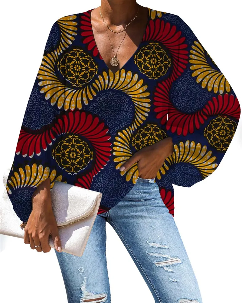 Women Vintage Chiffon Plus Size Blouse African Kente Pattern Female Soft Clothing Ladies Shirts Blusas Mujer De Moda