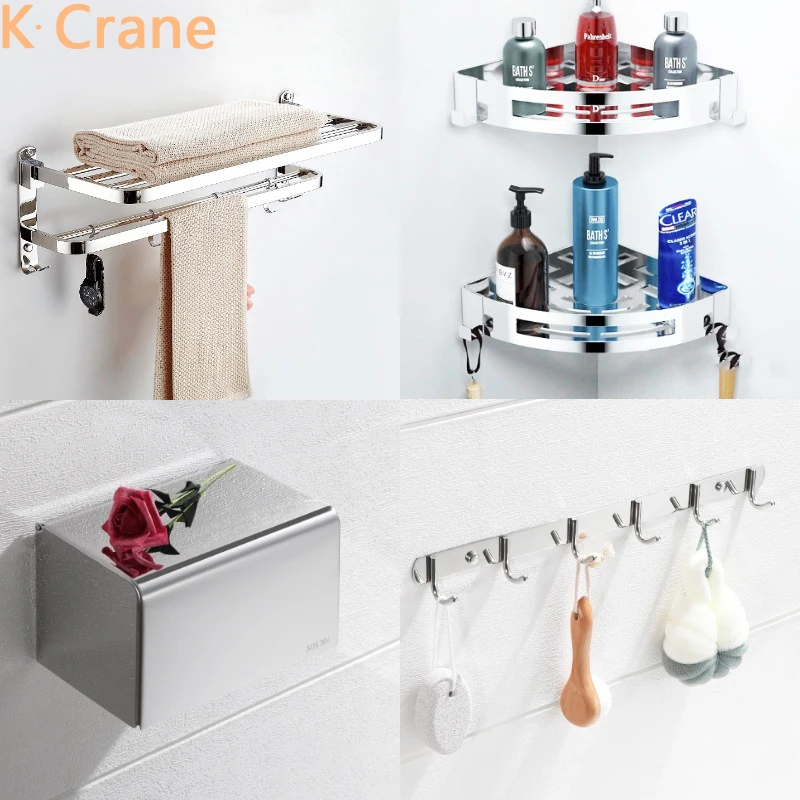 

SUS304 Stainless Steel Bathroom Accessories Set Wall Mounted Towel Shelf Bath Towel Hanger Toilet Roll Paper Box Cloth Hook Rack