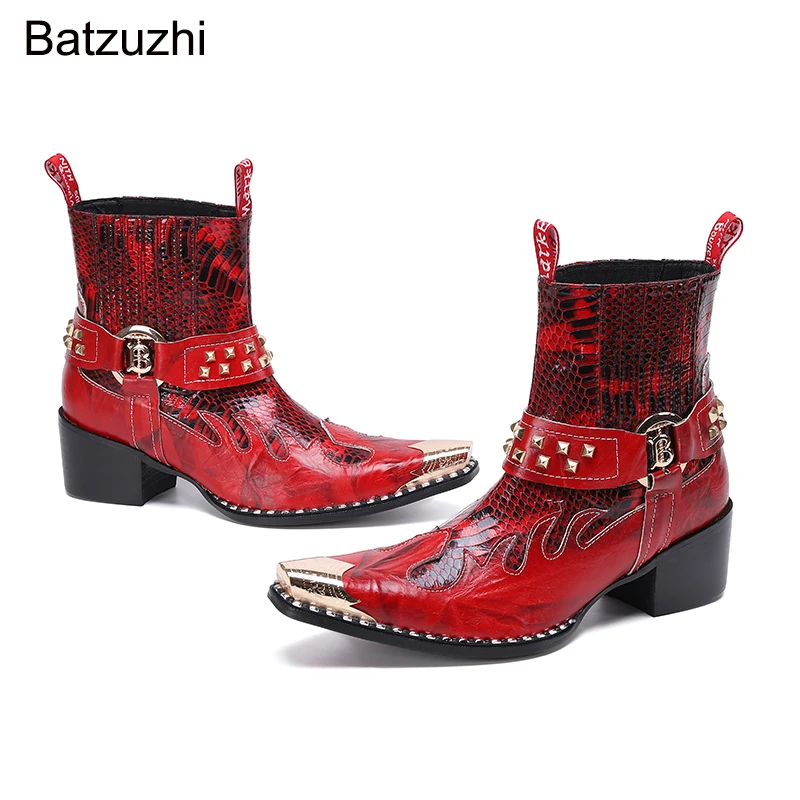 Batzuzhi Western Cowboy Men's Boots Rock Pointed Toe Iron Head Genuine Leather Ankle Boots Men Red Riding/Motorcycle Party Botas