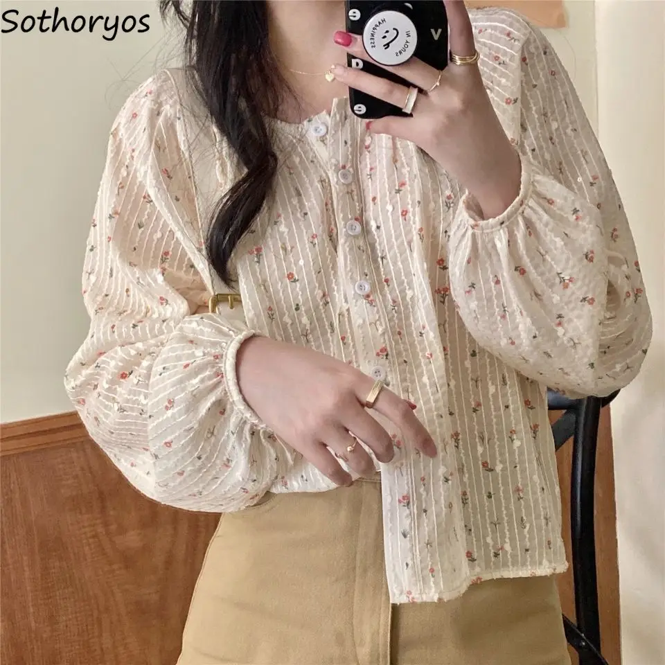 

Women Floral Blouses Lantern Sleeve O-neck Chiffon Fairy Retro Stylish Tender Elegant All-match Shirts Single Breasted Lovely