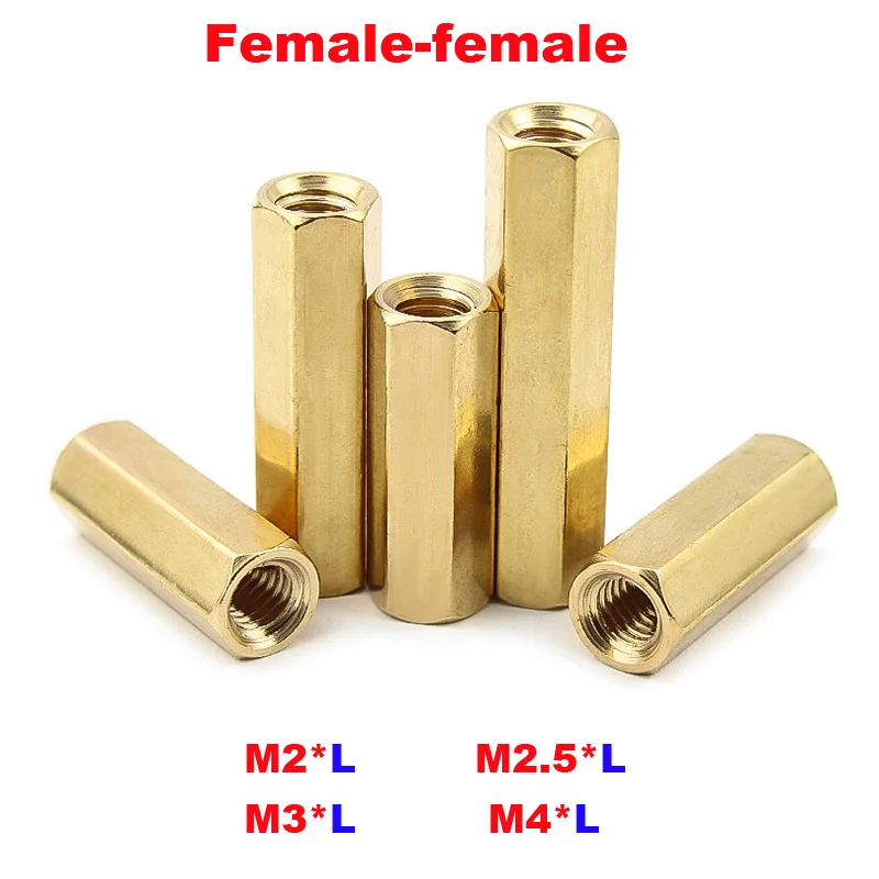 Separador hexagonal de latón macizo para placa base PCB, M2, M2.5, M3, M4, M-F de Pilar macho-hembra, 10/50 unidades