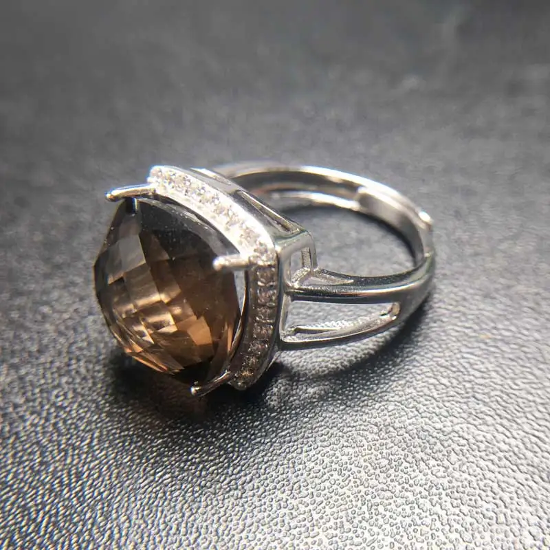 CSJ 100% Natural Smoky Quartz Rings Sterling 925 Silver Cushion Cut 12mm Fine Jewelry Women Femme Wedding Engagement Party Gift