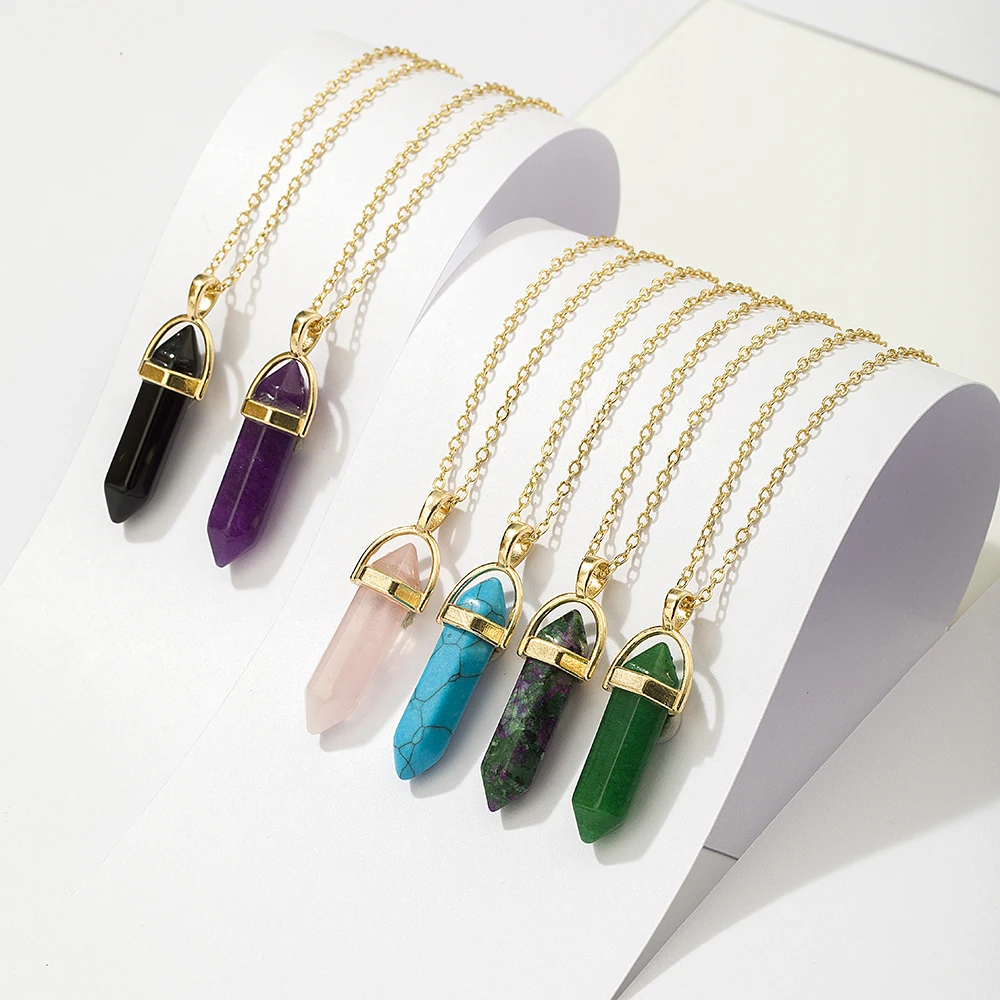 VG 6YM  New Fashion Colorful Crystal Quartz Hexagonal Prism Pendent Necklace For Women Party Wedding  Jewelry Wholesale