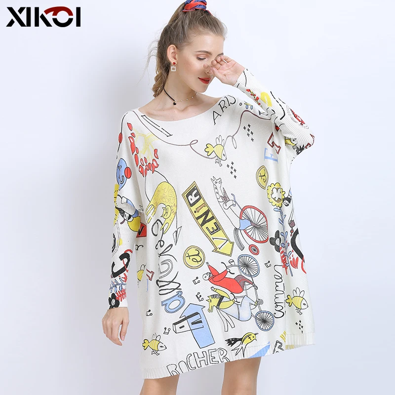 XIKOI Winter Oversized Sweaters For Women Warm Long Pullover Dresses Fashion Creativity Print Jumper Knitted Sweaters Pull Femme