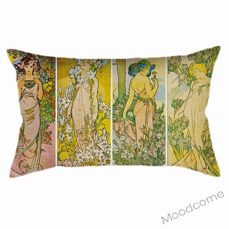 Art Nouveau Mucha Floral Angel Girl Beauty Spring Summer Autumn Winter Poster Waist Pillow Cover Rectangle Lumbar Cushion Cover