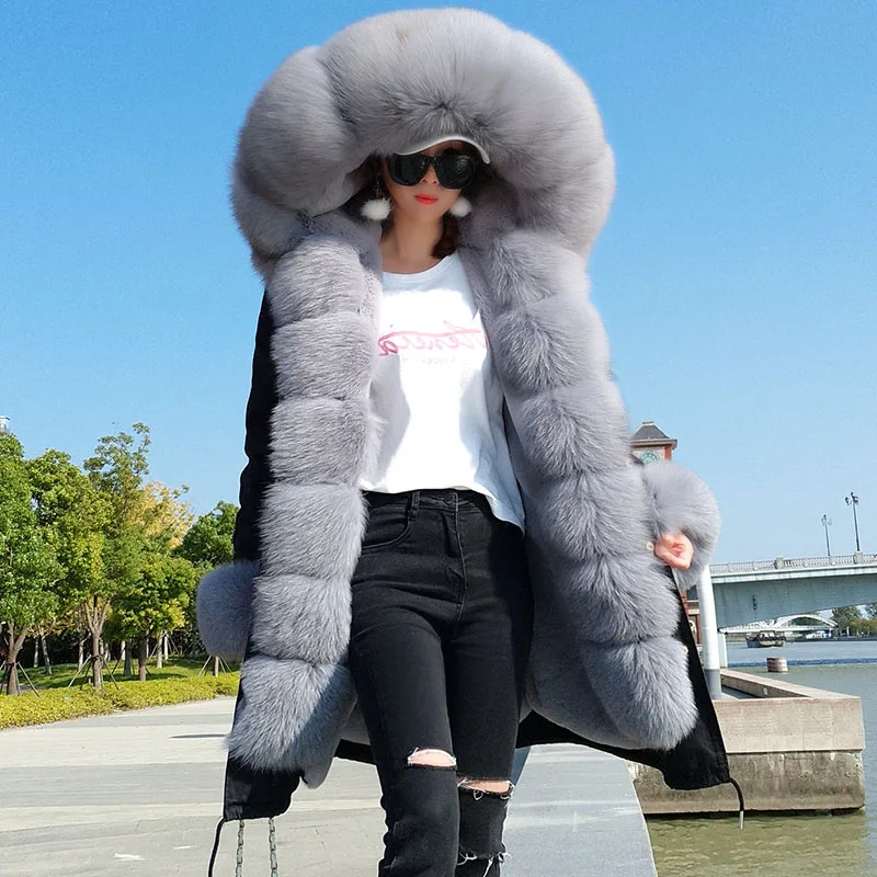 Maomaokong  Winter Women Natural fox fur coats Real Fur Long Black Jacket  Cotton thick warm  parkas Faux fur lining