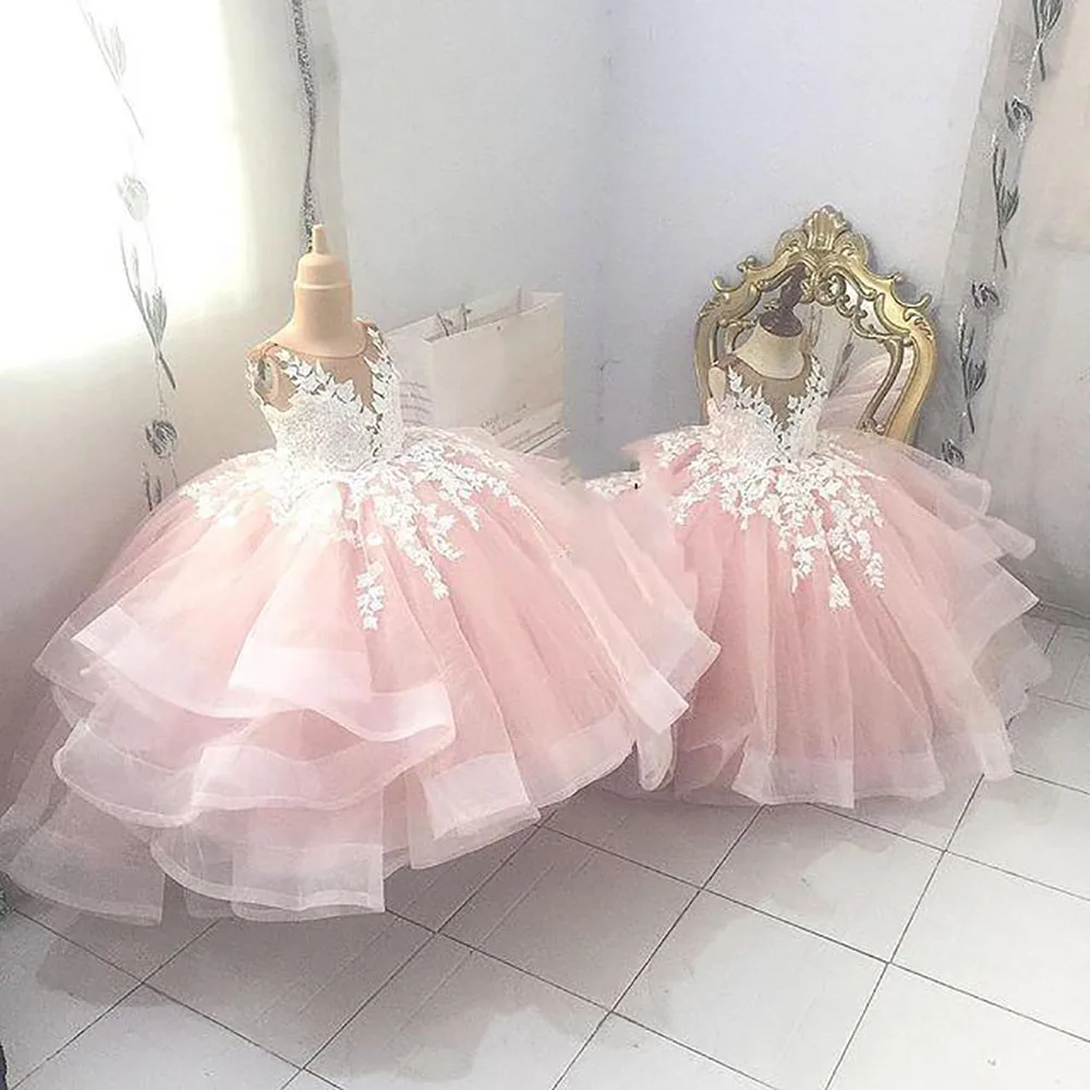 Pink Flower Girl Dresses Tiers Ball Gown Little Girl Wedding Dresses Cheap Communion Pageant Dresses Gowns