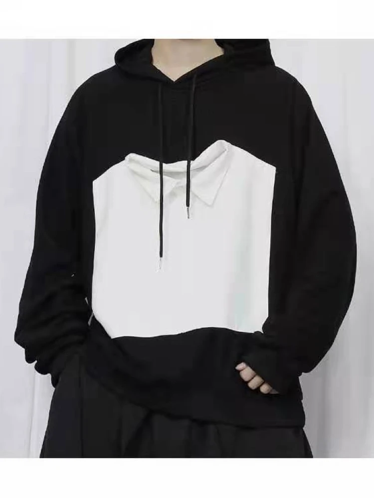 

Men's Long Sleeved Sweater New Men's Imitation Two-Piece Sewing Handsome Hooded Casual Loose Pullover Fashion