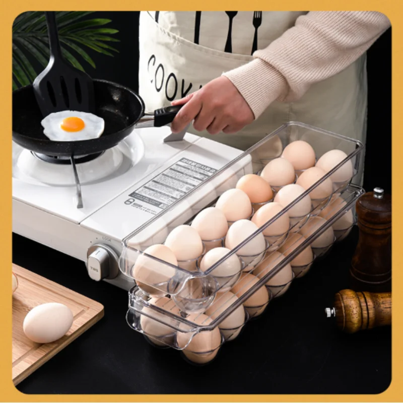 1pc Stackable Kitchen Egg Holder with Lid and handles – Kitchen Refrigerator Storage Container, 14 Grid Egg Tray, Clear