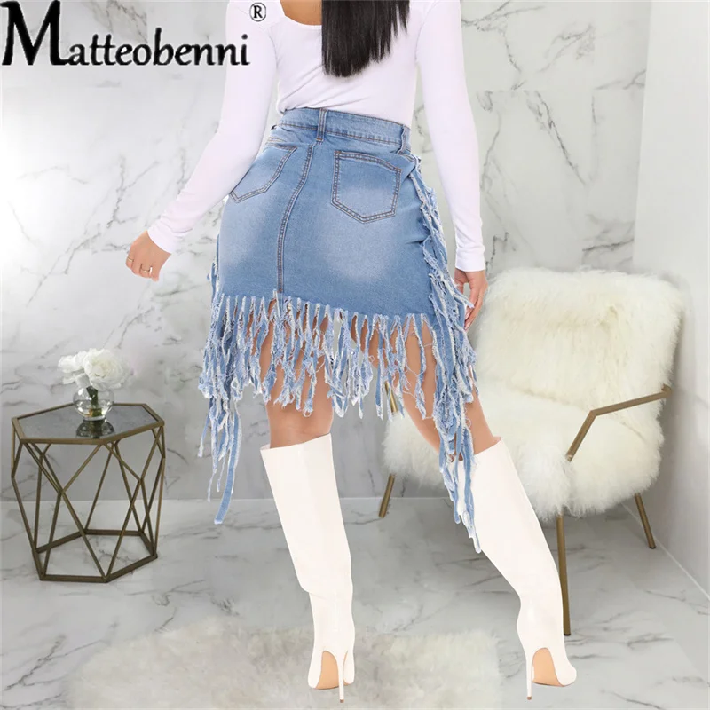 Women High Waist Sexy Jeans Skirts Top Quality Cotton Irregular Hole Ripped Tassel Denim Skirts Ladies Casual Street Short Skirt