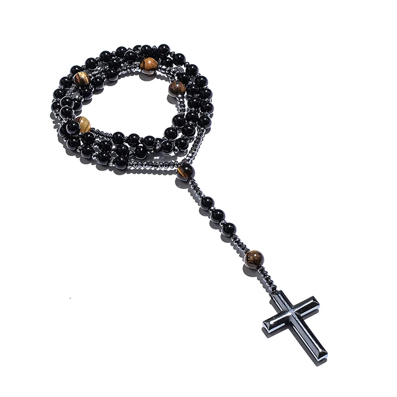 Black Onyx Yellow Tiger Eyes Beaded Catholic Christian Cross Pendant Necklace Mala Meditation Jewelry Men and Women Rosary