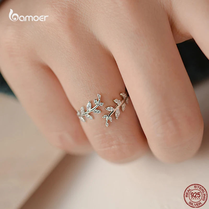 Bamoer 925 Sterling Silver Romantic Rose Opening Rings Leaf Sunflower Plant Rings for Women Wedding Party Fine Jewelry Gift