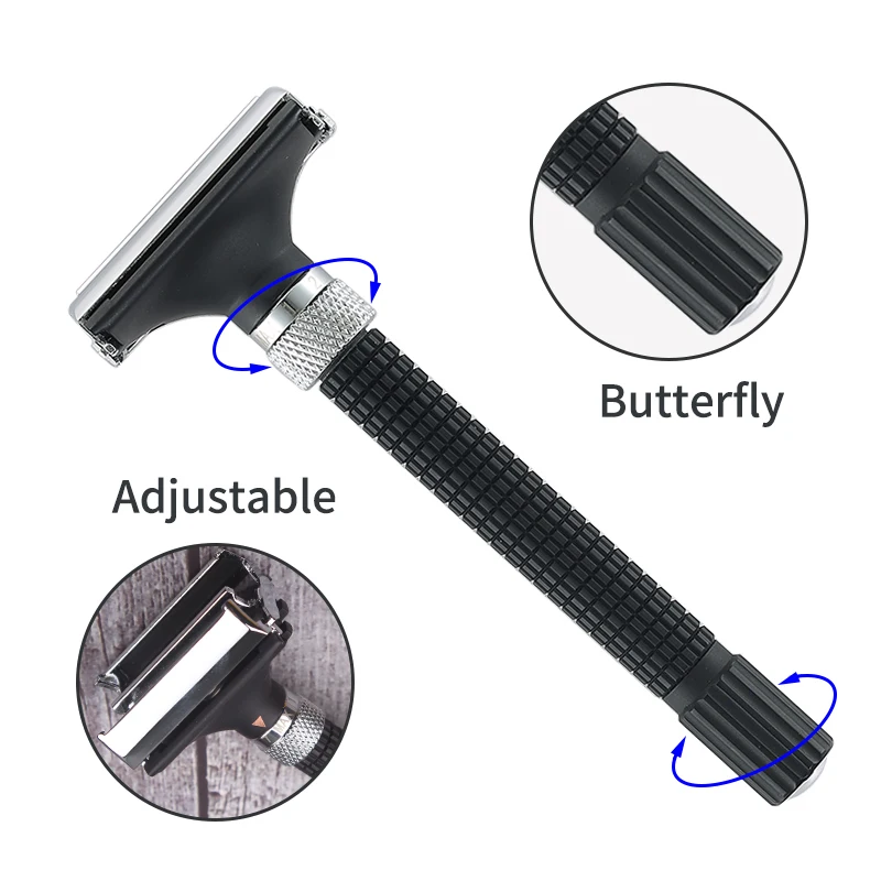 YINTAL Adjustable Butterfly Open Double Edge Safety Razor Black Silver Color Matching Fashion Design Shaver