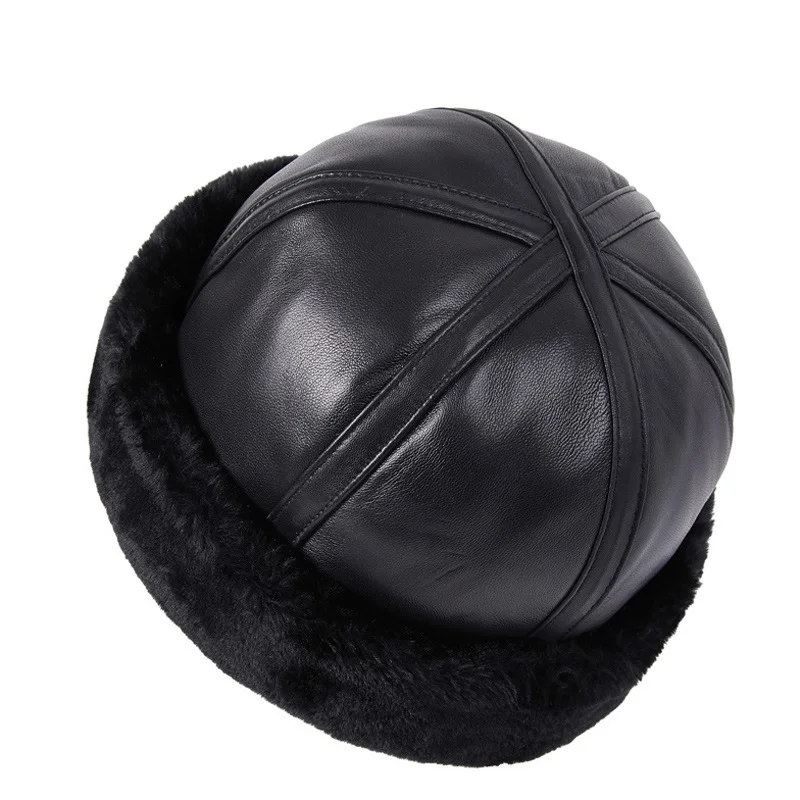 Men Women Real Sheep Leather Cap Hat 2022 Winter New Leather Skullies & Beanies With Warm Faux Fur Inside