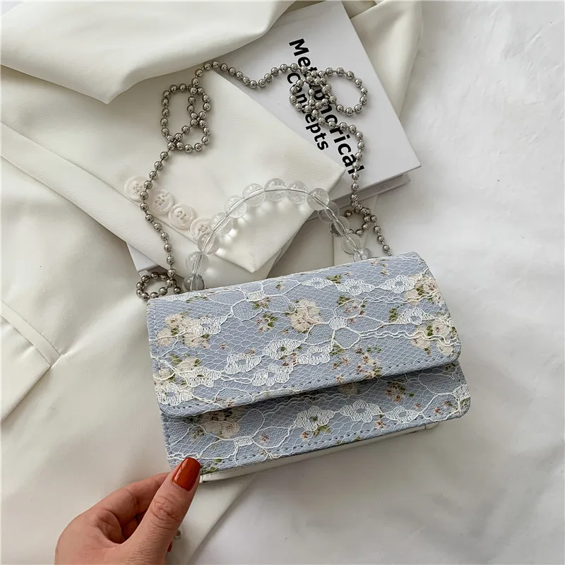 Fashion Women Net Yarn PU Leather Shoulder Bag Flower Lace Embroidery Crossbody Bag Casual Ladies Pearl Chain Mini Flap Bag