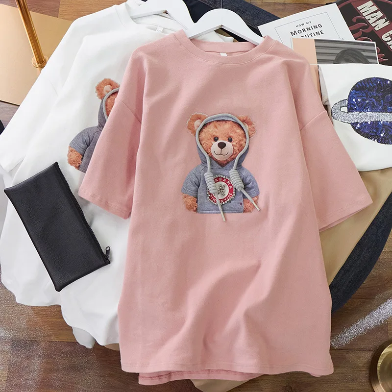 Cotton Woman T-Shirt Kawaii Bear Printing Fashion Korean Style Tees OverSize T-Shirt Short Sleeve Female Tops Summer T-Shirts