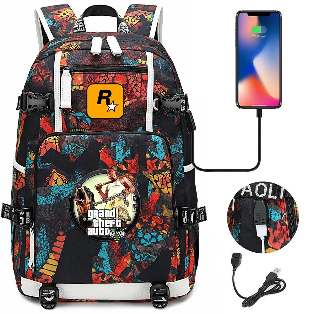 GTA5-Mochila para ordenador portátil Grand Theft Auto para hombre y mujer, de viaje con carga USB morral, multifuncional, impermeable, mochilas