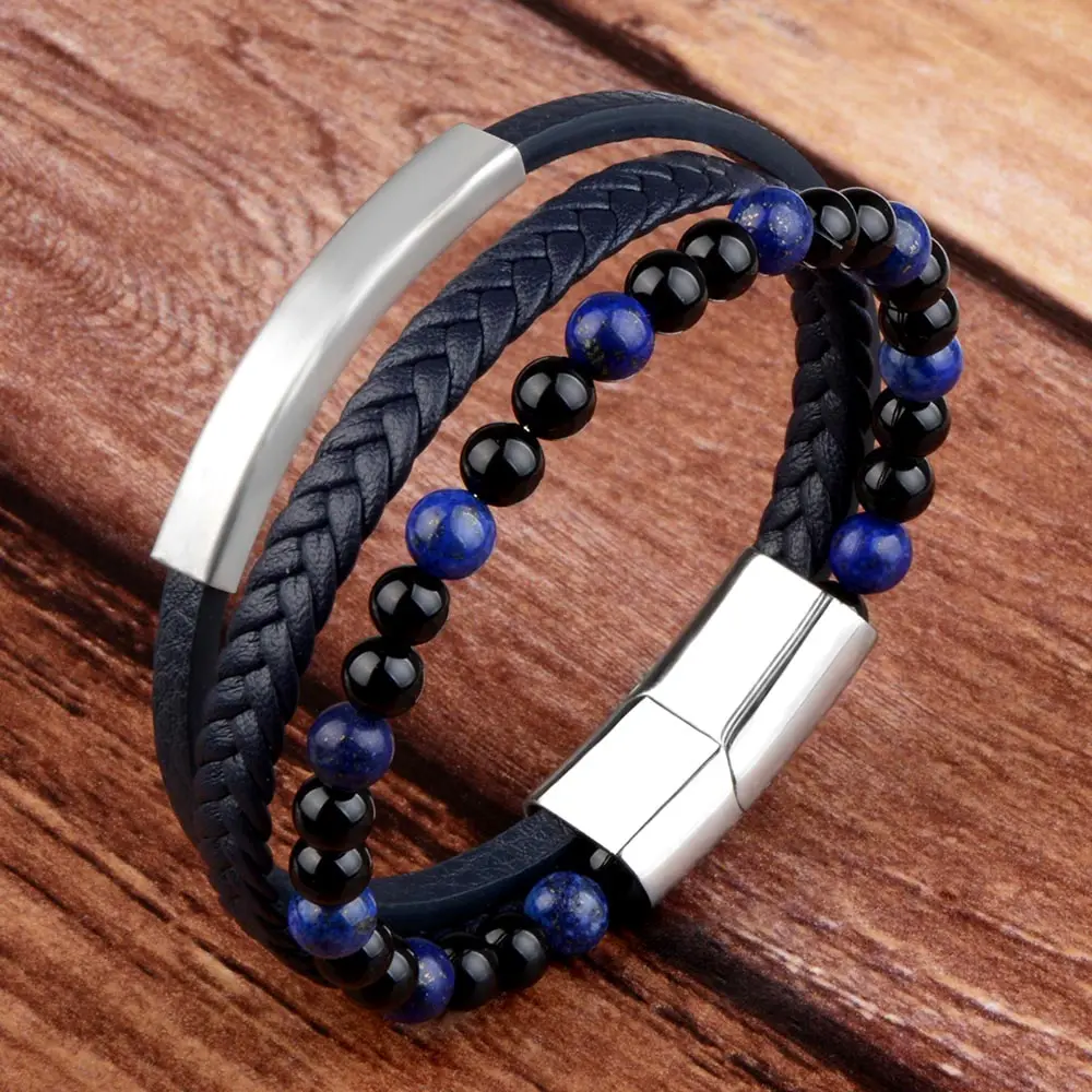 High Quality Genuine Leather Men Bracelets Natural StoneTiger Eye Beads Multilayer Leather Bracelets For Man Jewelry