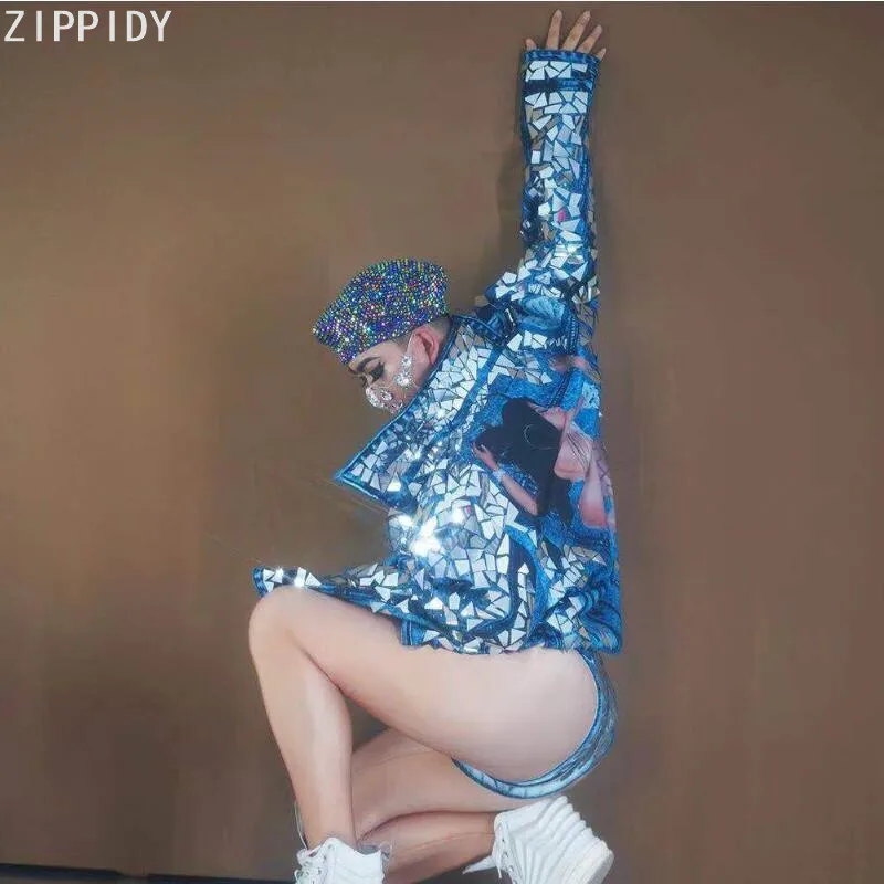 

Blue Imitation Denim Glisten Mirror Jacket Jazz Dance Show Outfit Women Singer Birthday Celebrate Prom Party Wear