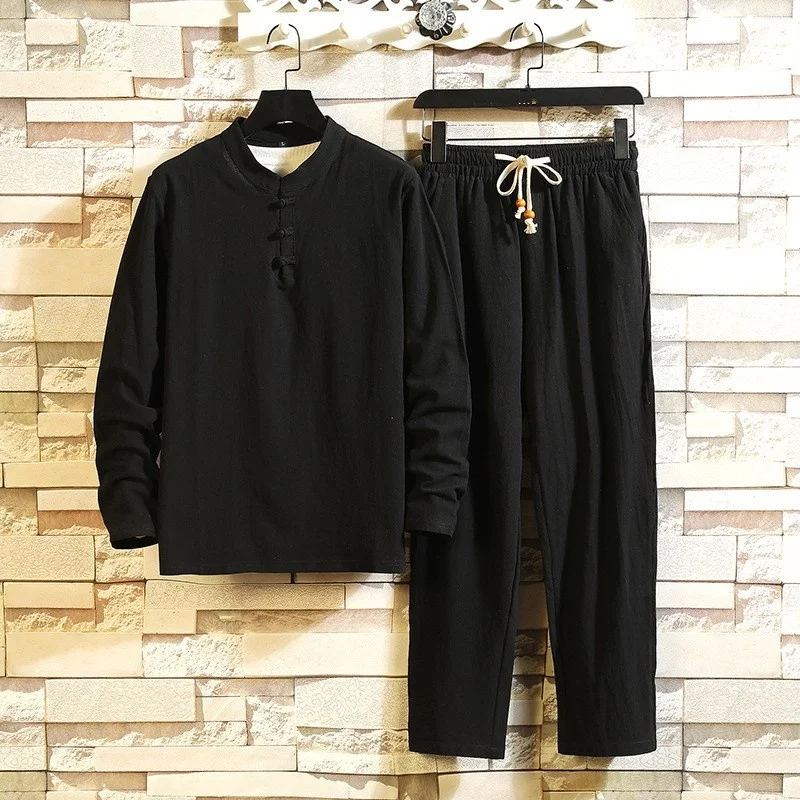 

Casual Mens Long Sleeve Top Loose Set Lace Up Pantsuit Tracksuit Vintage Cotton Linen Harajuku Plus Size Men Two Piece Outfits
