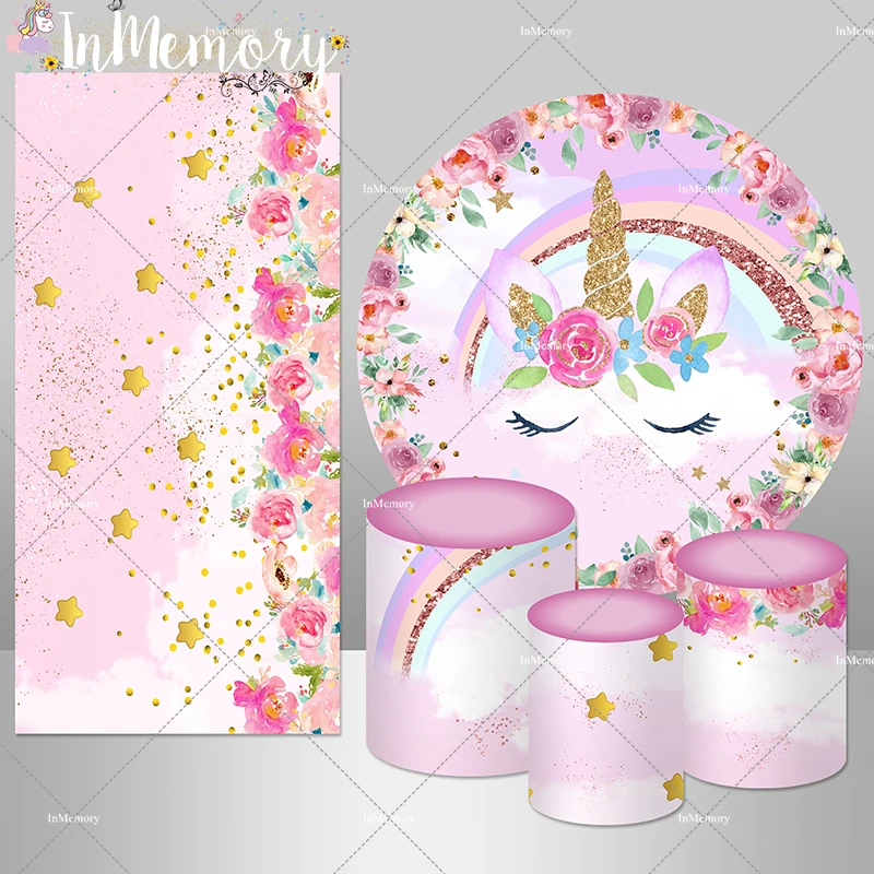 Unicorn Round Backdrop Rainbow Flower Cloud Newborn Baby Shower Girl 1st Birthday Party Circle Background Plinth Cylinder Cover