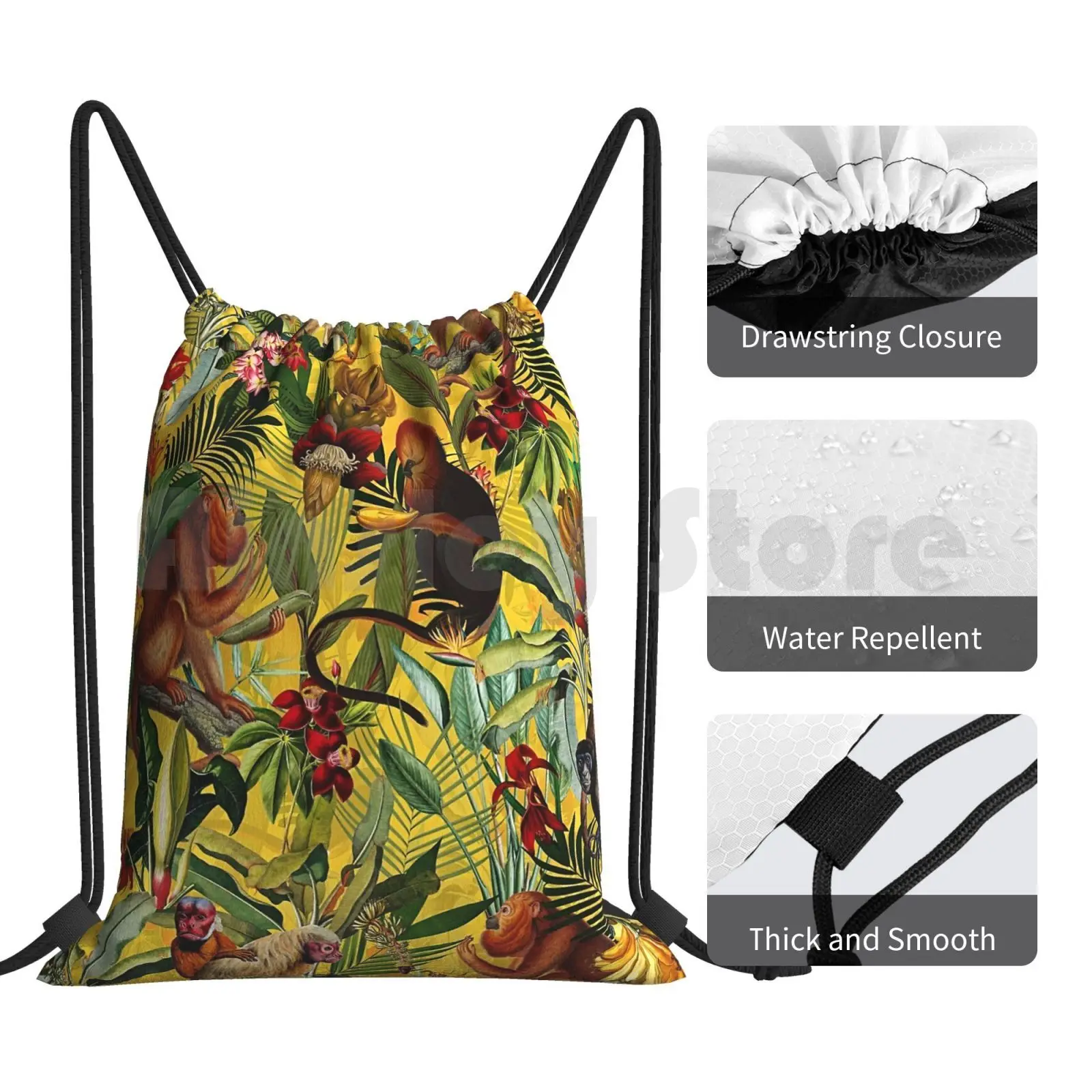 Mochila con patrón de jungla de Mono Tropical, bolso amarillo con cordón, bolsa de gimnasio para montar, escalada, naturaleza, flor de la selva, flor de primavera