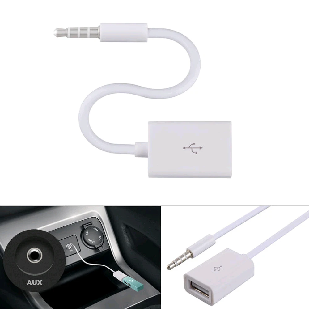 Auto 3.5mm Male AUX Audio Plug Jack To USB 2.0 Female Converter Adapter Cable Wire Cord Stereo Audio Plug Car Accessories White