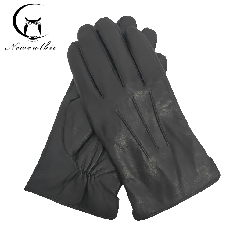 

New style men's leather gloves warm soft sheepskin gloves black three thread design men's mittens coral fleece lining