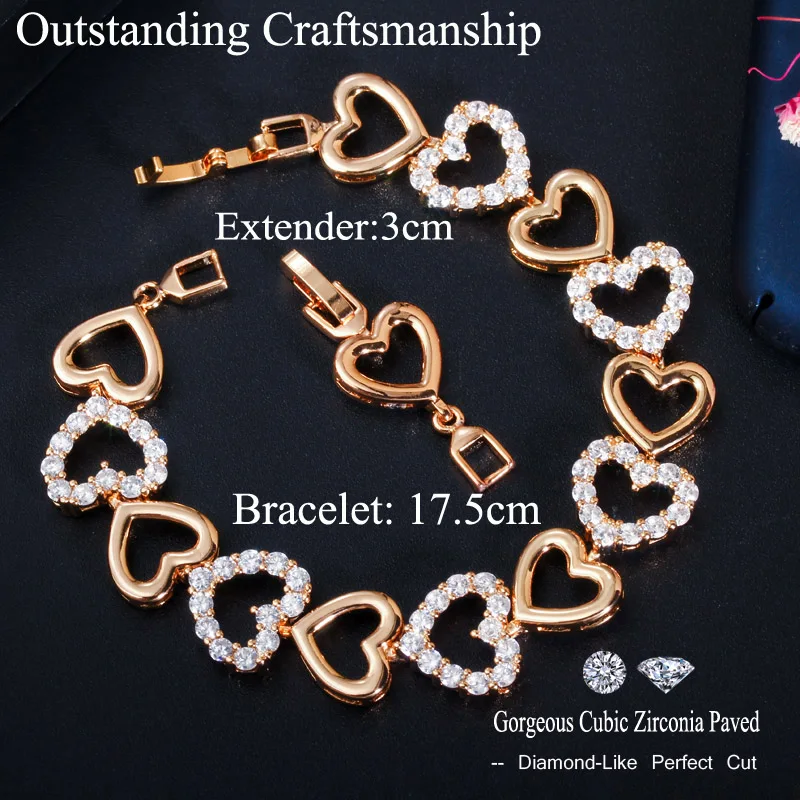 CWWZircons Romantic 585 Gold Plated Cubic Zircon Bracelet for Women Love Heart Trendy Wristband Girlfriend Gifts Jewelry CB204