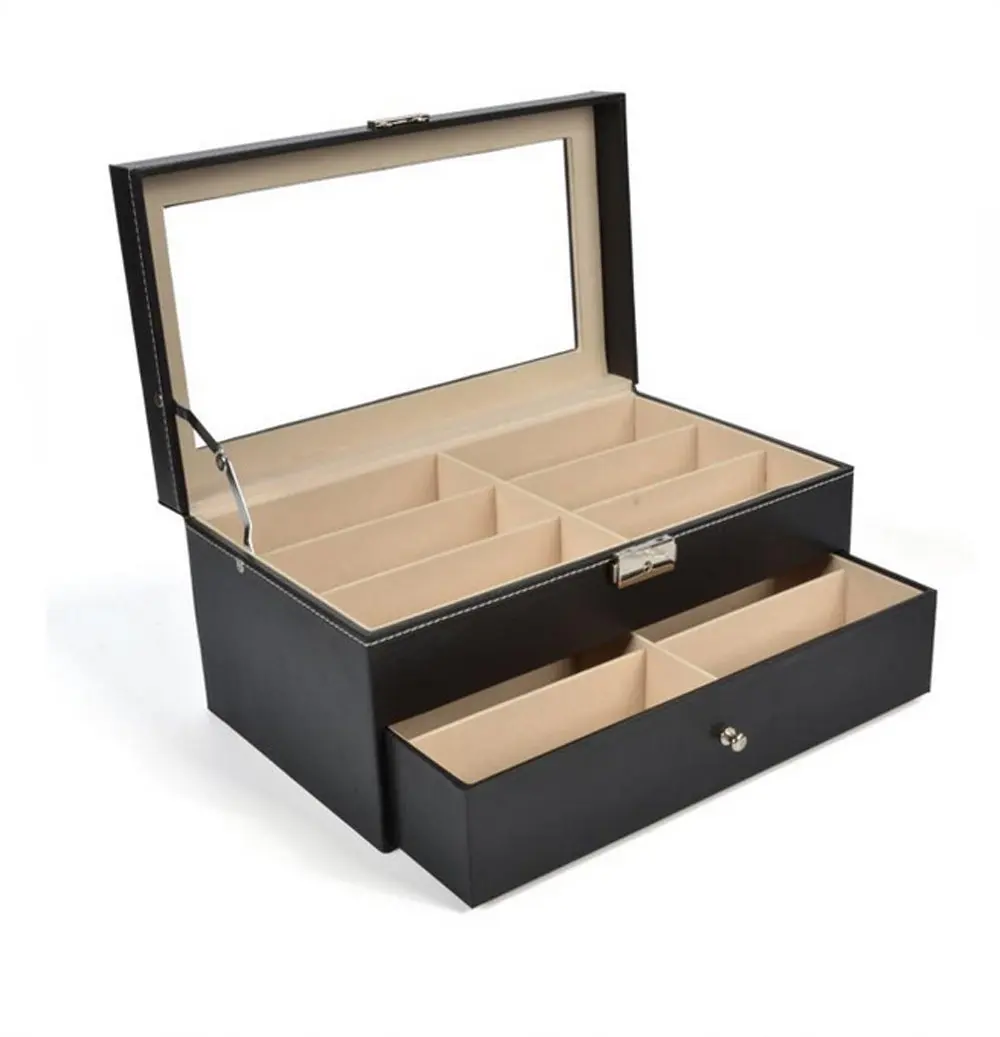 12 Grids Black Sunglass Organizer Leather Eyeglasses Collector Double-Layer Eyewear Display Case Lockable Storage Box