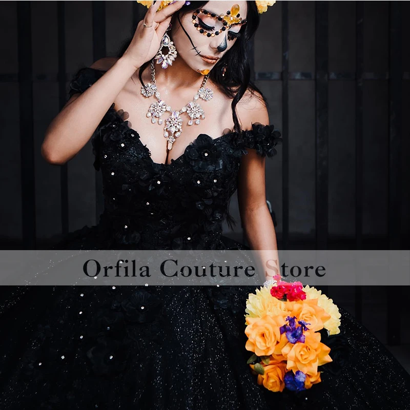 Gaun Meksiko Vestido De 15 Años Hitam Charro Quinceanera Rok Lebar Bermanik Manis 16 Gaun Appliqued Vestidos De Xv Años