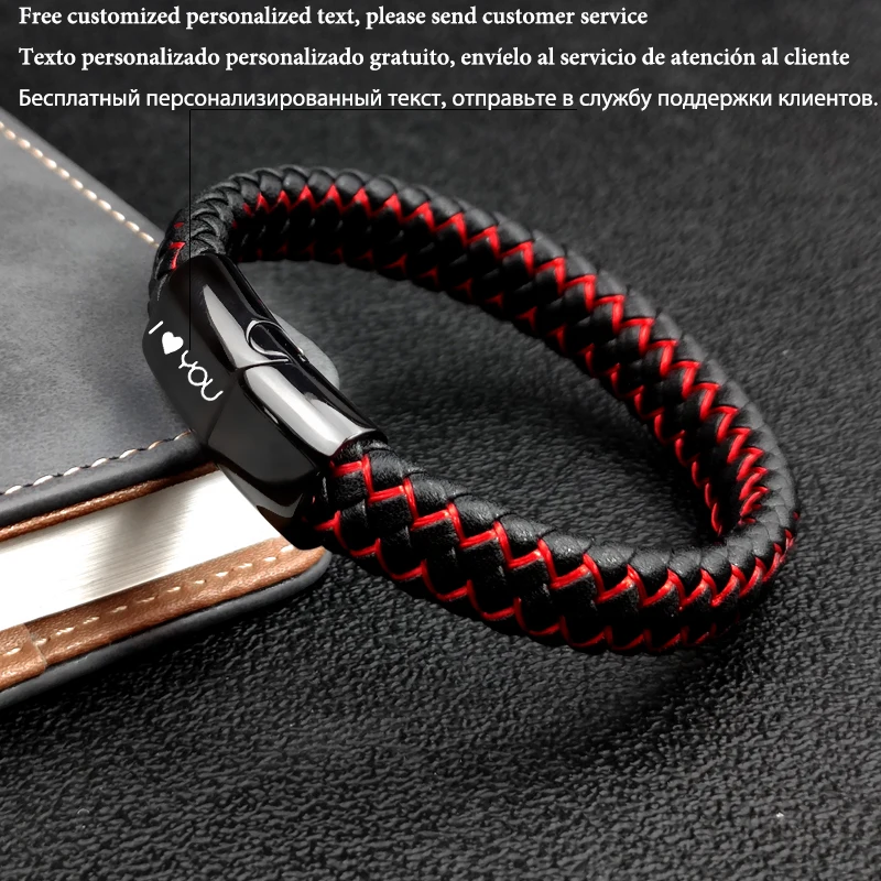 New Free Custom Name Blue/red leather Simple Charm Business Men Stainless Steel Leather Braided Bracelet Bagnet Lock Bangle