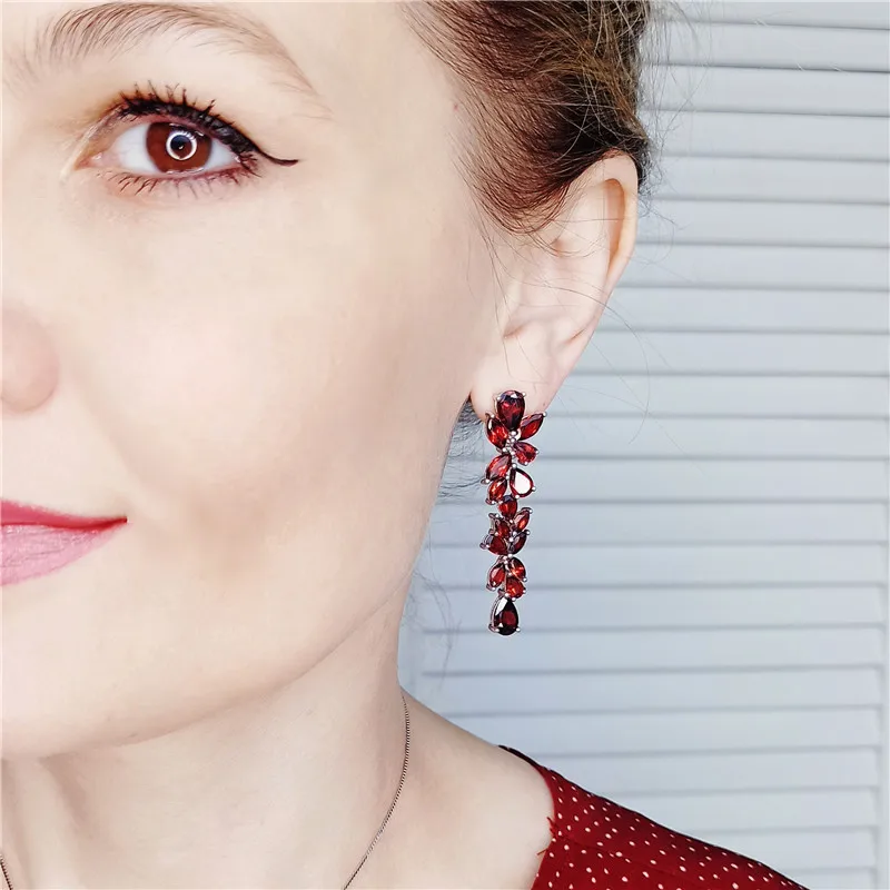 GEM'S BALLET 20.35Ct Natural Red Garnet Earrings 925 Sterling Sliver Leaves Branches Drop Earrings For Women Engagement Jewelry