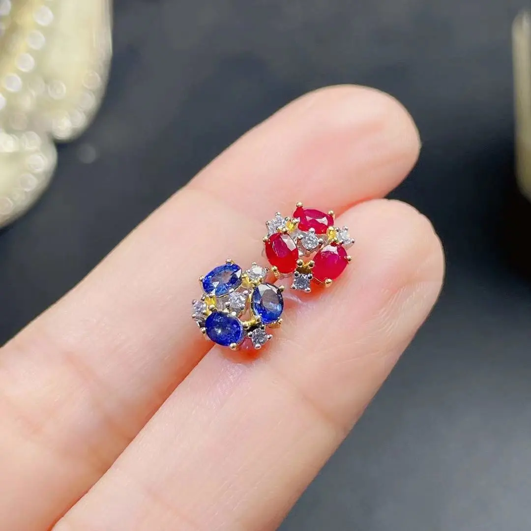 

LANZYO 925 Silver natuarl sapphire ruby stud Earrings fashion jewelry anniversary plant women gift wholesale 3*4mm e030411agh